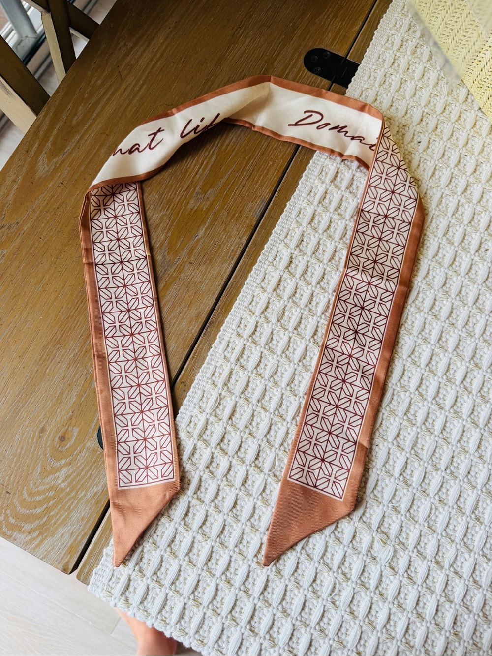 Silk Skinny Scarf in Tan and Cream with Geometric Stripe